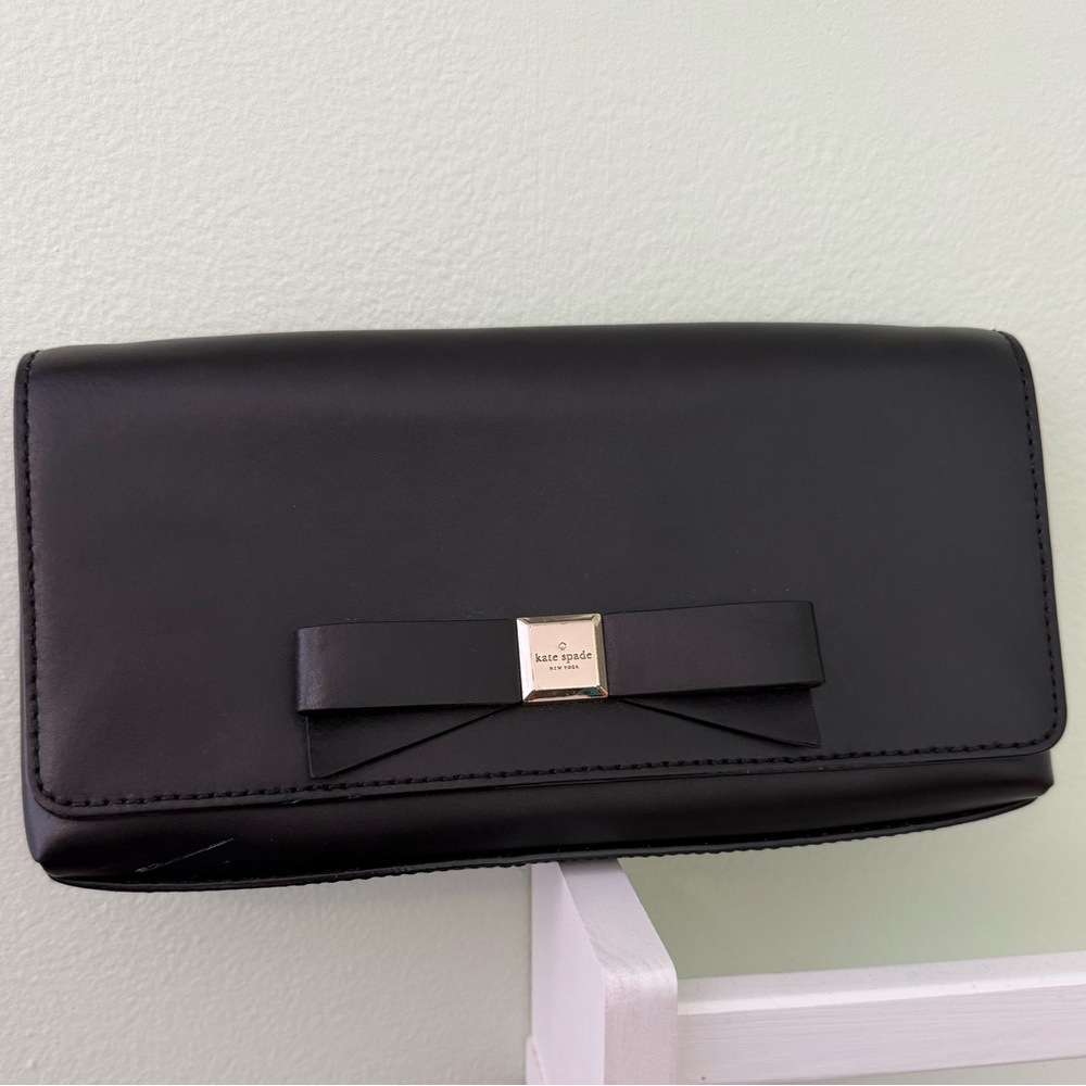 kate spade Black Leather Bow Wristlet Clutch with Gold Plaque